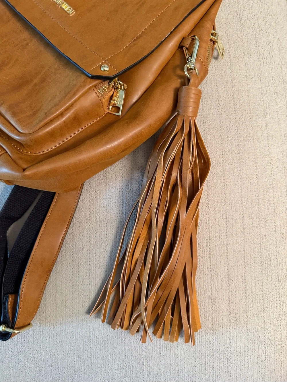 Steve Madden Cognac Fringe Faux-Leather Backpack